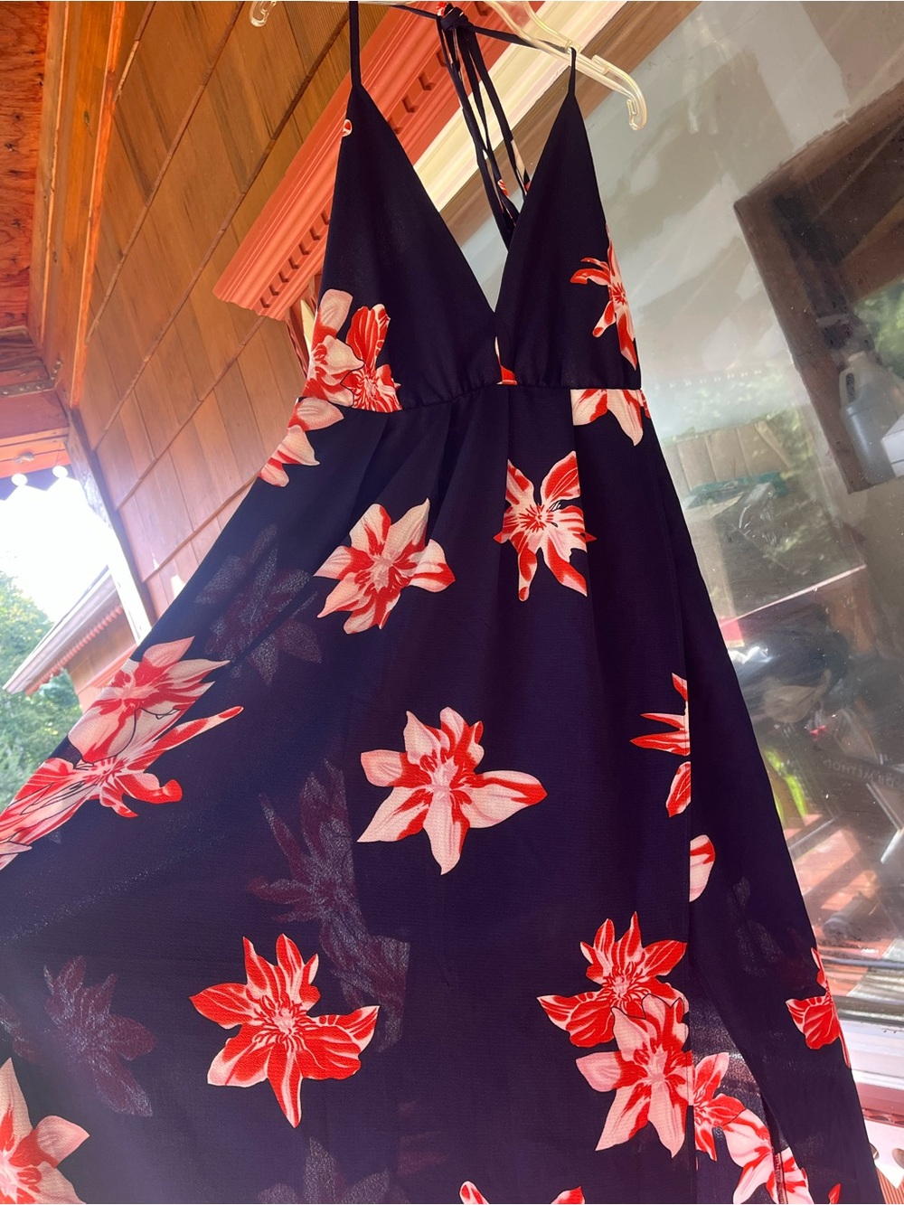 Simple Black Maxi Dress with Red & Pink Floral Print